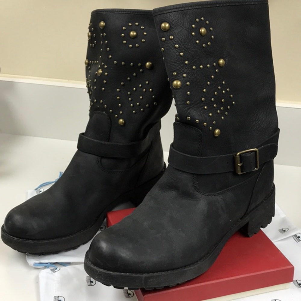 Ralph Lauren Black Leather Booties with Gold Studs Never Used